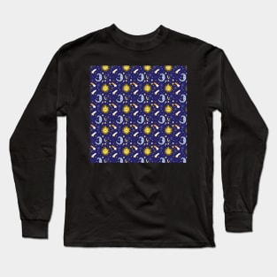 Space Celestial Sun Moon Night Sky Stars Astrological Pattern Long Sleeve T-Shirt